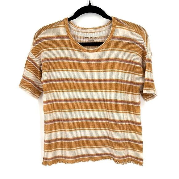 American Eagle Boxy Striped Lettuce Trim Fall Autumn Short Sleeve T-shirt XS - Picture 2 of 7